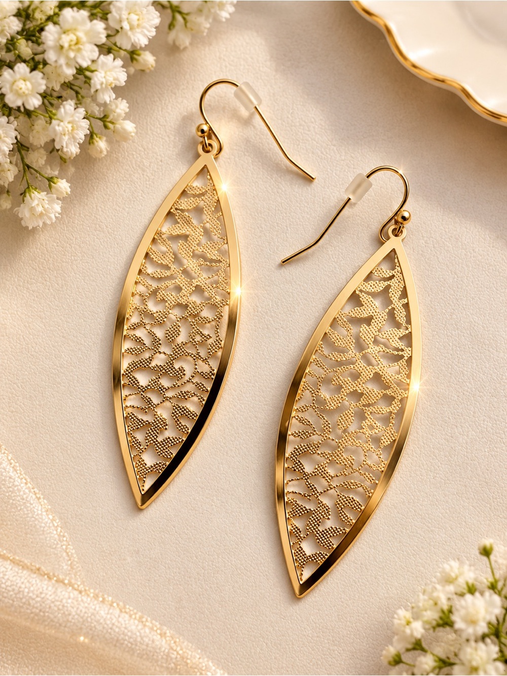 Gold Filigree Leaf Drop Earrings - Women Jewelry